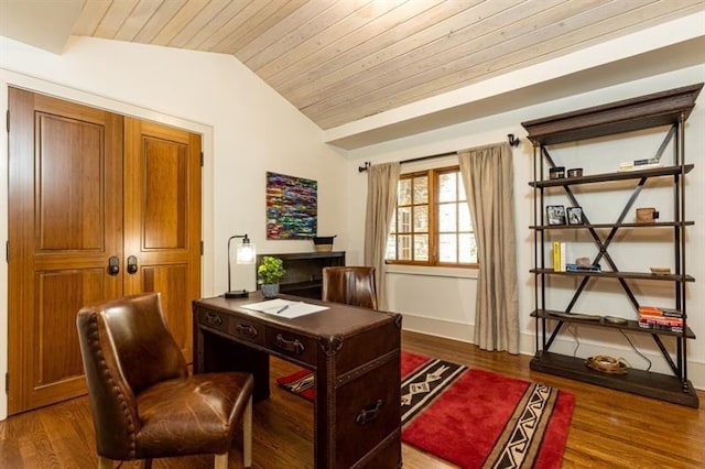 office area featuring dark wood-type flooring, lofted ceiling, wood ceiling, and baseboards