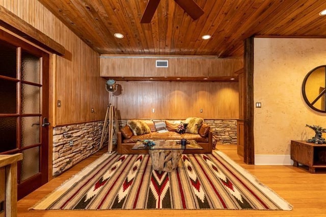 living area with ceiling fan, wooden ceiling, recessed lighting, wood finished floors, and visible vents