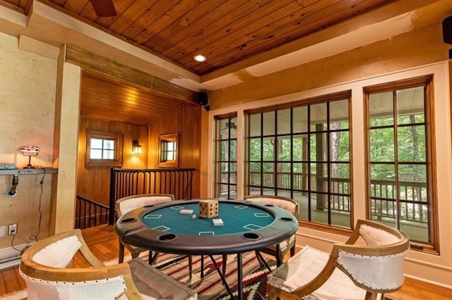 recreation room featuring wooden ceiling, wood finished floors, and wooden walls