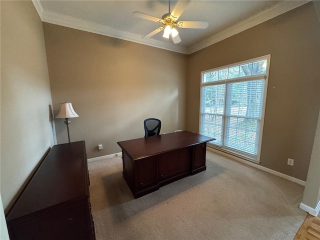 carpeted home office featuring ceiling fan, a wealth of natural light, and crown molding