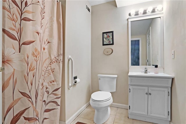 full bathroom with visible vents, baseboards, toilet, tile patterned flooring, and vanity