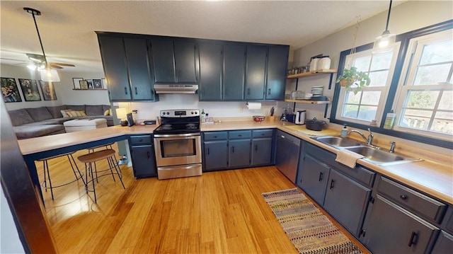 kitchen featuring light wood-style flooring, under cabinet range hood, stainless steel appliances, a sink, and light countertops