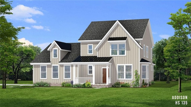 view of front of home featuring a front yard, a standing seam roof, a shingled roof, board and batten siding, and metal roof