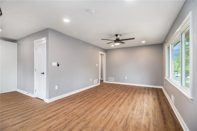 unfurnished room featuring visible vents, recessed lighting, ceiling fan, and wood finished floors