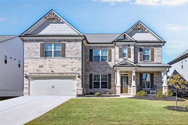 craftsman-style home featuring a front yard, a porch, and a garage