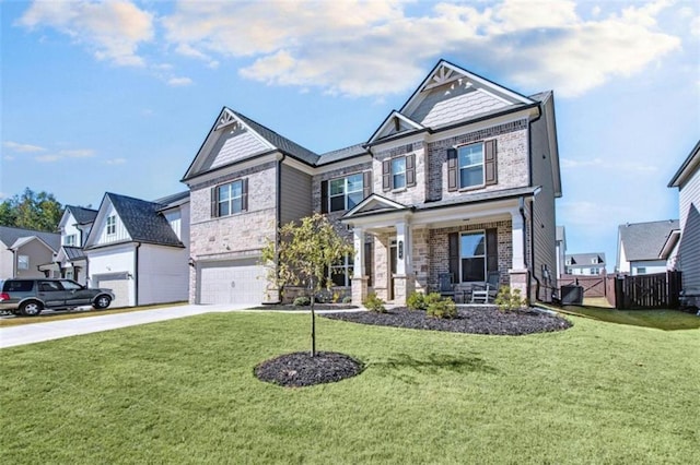 craftsman-style home with a front yard, a porch, and a garage