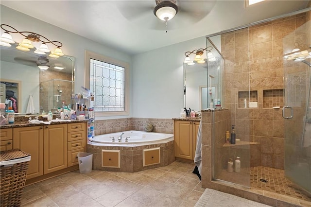 5410 Cottage Farm Rd, Alpharetta, GA 30022 - full bath with ceiling fan, vanity, a shower stall, and a garden tub