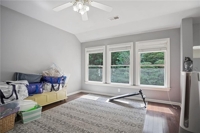 5410 Cottage Farm Rd, Alpharetta, GA 30022 - playroom with plenty of natural light, a ceiling fan, lofted ceiling, and wood finished floors