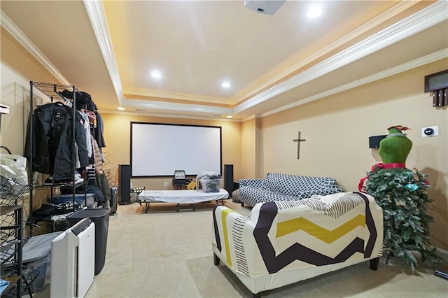 5410 Cottage Farm Rd, Alpharetta, GA 30022 - home theater with a raised ceiling, crown molding, carpet, and recessed lighting