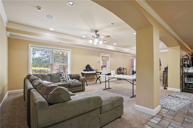 5410 Cottage Farm Rd, Alpharetta, GA 30022 - carpeted living area with recessed lighting, a raised ceiling, ceiling fan, arched walkways, and ornamental molding