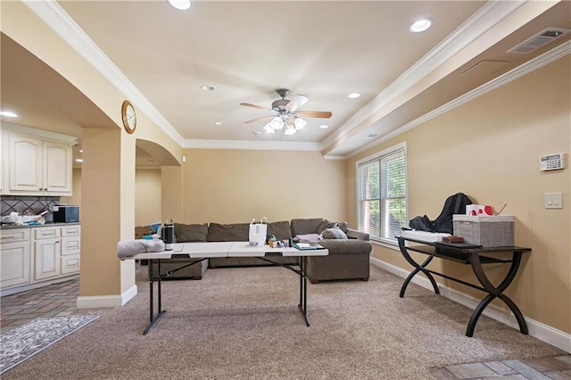 5410 Cottage Farm Rd, Alpharetta, GA 30022 - living area featuring light colored carpet, arched walkways, recessed lighting, a ceiling fan, and crown molding