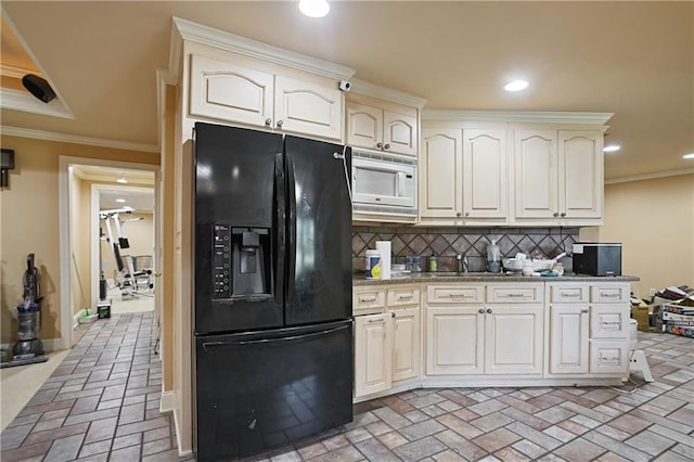 5410 Cottage Farm Rd, Alpharetta, GA 30022 - kitchen featuring black refrigerator with ice dispenser, white microwave, decorative backsplash, brick floors, and recessed lighting