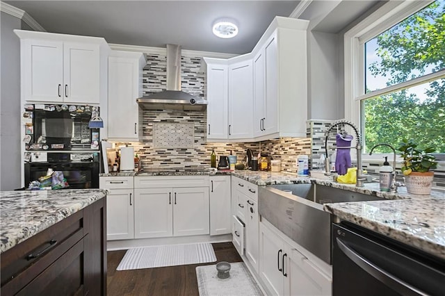 5410 Cottage Farm Rd, Alpharetta, GA 30022 - kitchen with black appliances, wall chimney range hood, white cabinetry, decorative backsplash, and ornamental molding