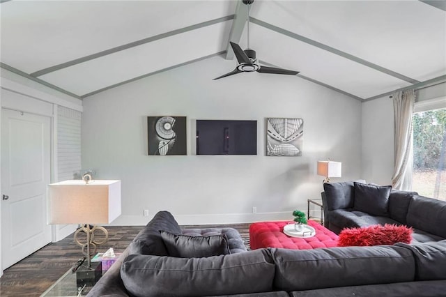 living room with vaulted ceiling with beams, hardwood / wood-style floors, and ceiling fan