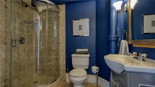 bathroom with tile patterned flooring, toilet, vanity, and an enclosed shower