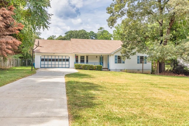 ranch-style home with a porch, an attached garage, fence, concrete driveway, and crawl space