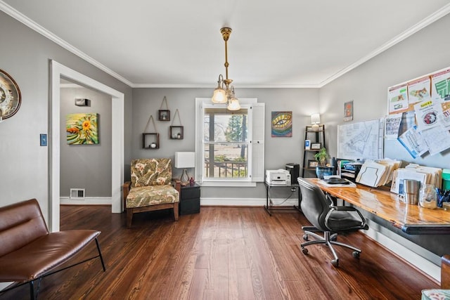 office space featuring dark hardwood / wood-style flooring and crown molding