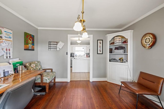 office featuring ornamental molding and dark wood-type flooring