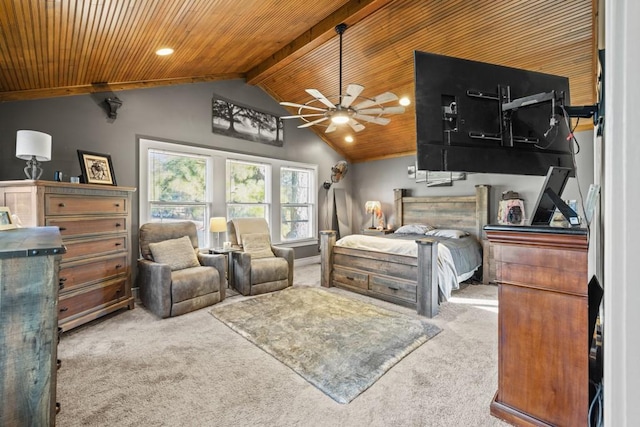 bedroom with lofted ceiling with beams, carpet flooring, and wooden ceiling