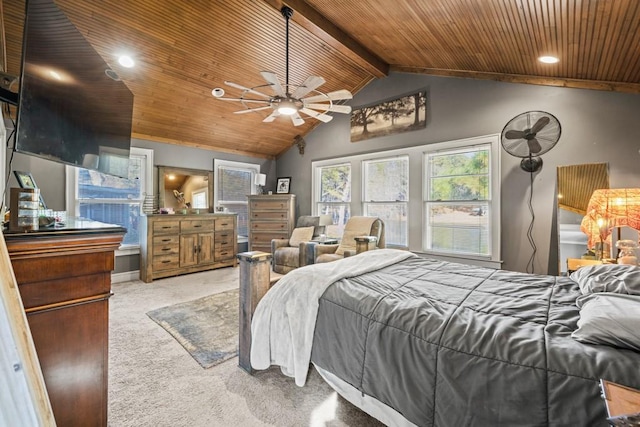 bedroom with lofted ceiling with beams, ceiling fan, light colored carpet, and wood ceiling