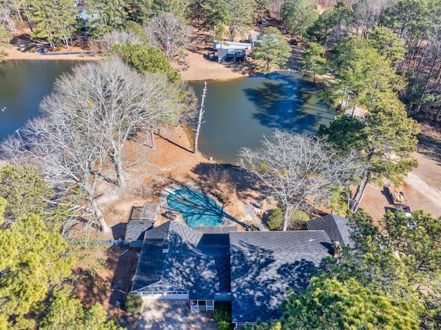 drone / aerial view with a water view