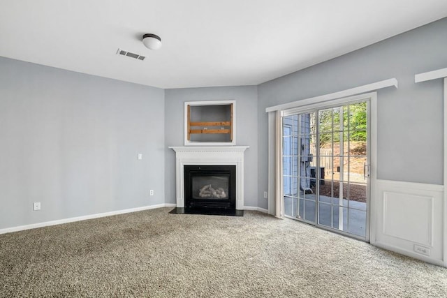 2872 Cross Creek Ct, Cumming, GA 30040 - unfurnished living room with a fireplace with flush hearth, visible vents, and carpet floors