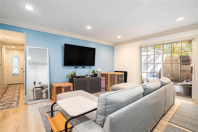 living room featuring crown molding and light wood-type flooring