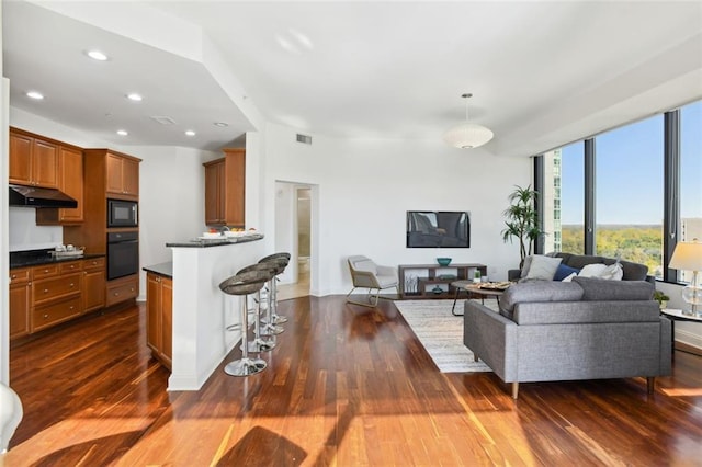 2828 Peachtree Rd NW Unit 1502, Atlanta, GA 30305 - living area featuring dark wood finished floors, recessed lighting, and expansive windows