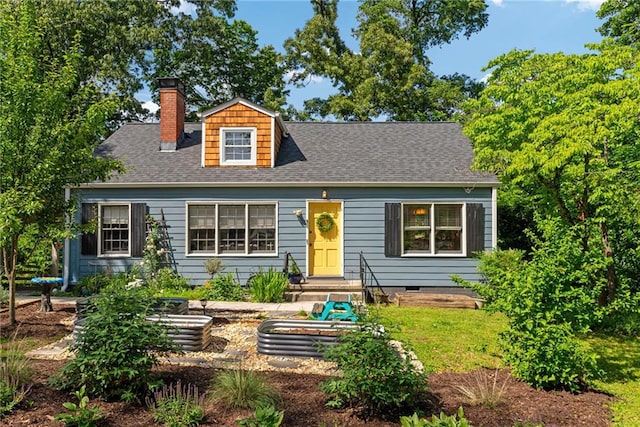 131 Lively St, Norcross, GA 30071 - cape cod home featuring a vegetable garden, a chimney, roof with shingles, crawl space, and a front yard