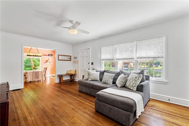 131 Lively St, Norcross, GA 30071 - living room with healthy amount of natural light, ceiling fan, wood finished floors, and crown molding