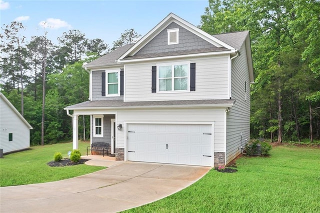 view of front of property with a garage, a front lawn, concrete driveway, and a shingled roof