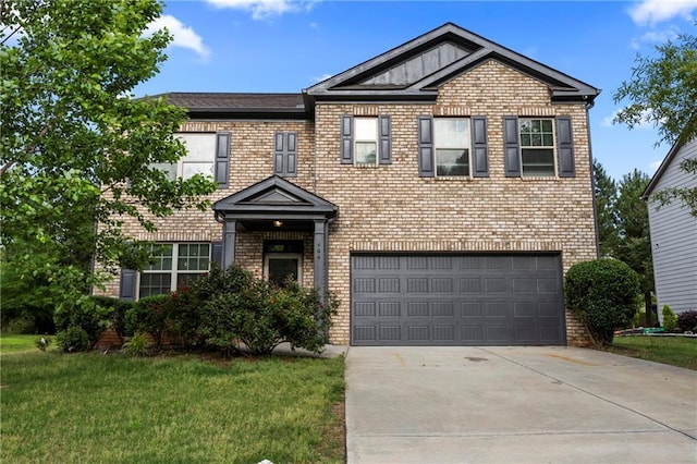 468 Lake Ridge Ln, Fairburn, GA 30213 - view of front facade with brick siding, an attached garage, concrete driveway, and a front lawn