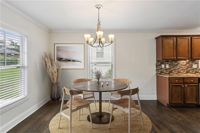 interior space featuring pendant lighting, baseboards, tasteful backsplash, dark wood finished floors, and a notable chandelier