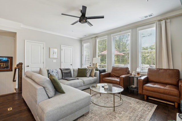 243 Retreat Ln, Canton, GA 30114 - living room with dark wood finished floors, ornamental molding, and a ceiling fan