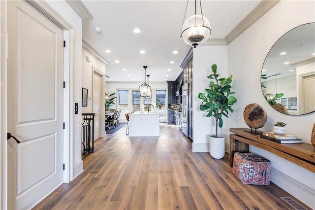 661 Auburn Ave NE Unit 10, Atlanta, GA 30312 - hall with crown molding, wood finished floors, and recessed lighting