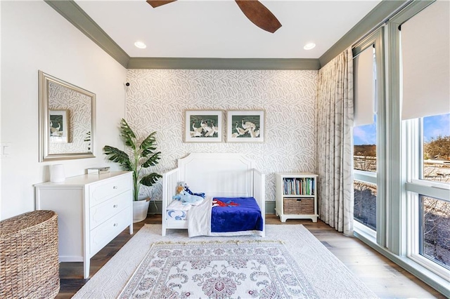 661 Auburn Ave NE Unit 10, Atlanta, GA 30312 - bedroom featuring wallpapered walls, wood finished floors, recessed lighting, and a ceiling fan