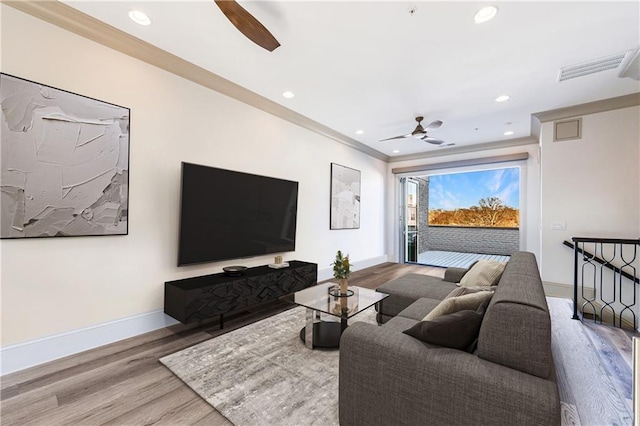 661 Auburn Ave NE Unit 10, Atlanta, GA 30312 - living area with a ceiling fan, wood finished floors, recessed lighting, and ornamental molding