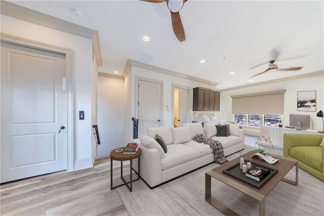 661 Auburn Ave NE Unit 10, Atlanta, GA 30312 - living area featuring a ceiling fan, crown molding, light wood-style flooring, and recessed lighting