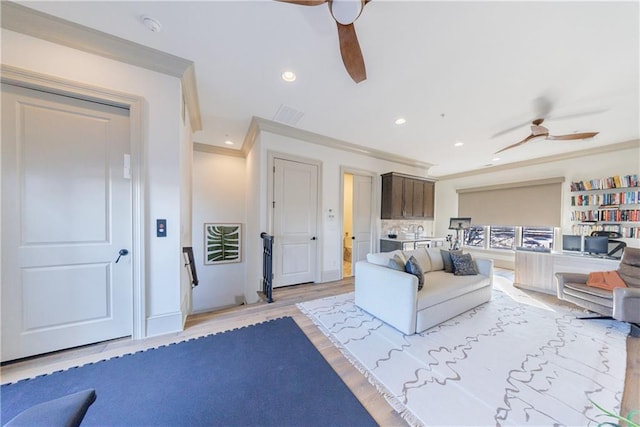 661 Auburn Ave NE Unit 10, Atlanta, GA 30312 - living area featuring ceiling fan, crown molding, light wood-style flooring, and recessed lighting