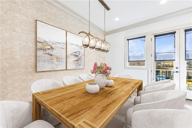 661 Auburn Ave NE Unit 10, Atlanta, GA 30312 - dining area featuring recessed lighting, wallpapered walls, french doors, crown molding, and a chandelier
