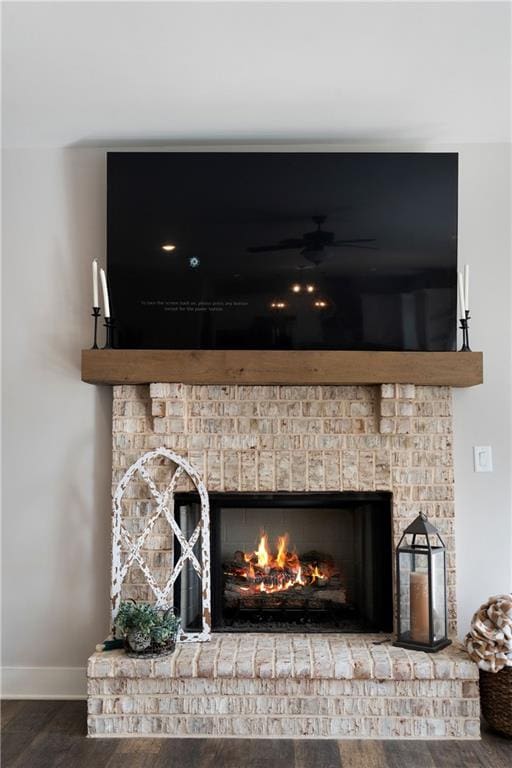 room details featuring a fireplace and hardwood / wood-style flooring