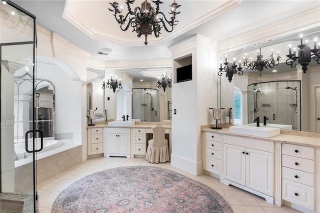 bathroom featuring vanity, ornamental molding, shower with separate bathtub, and tile patterned flooring