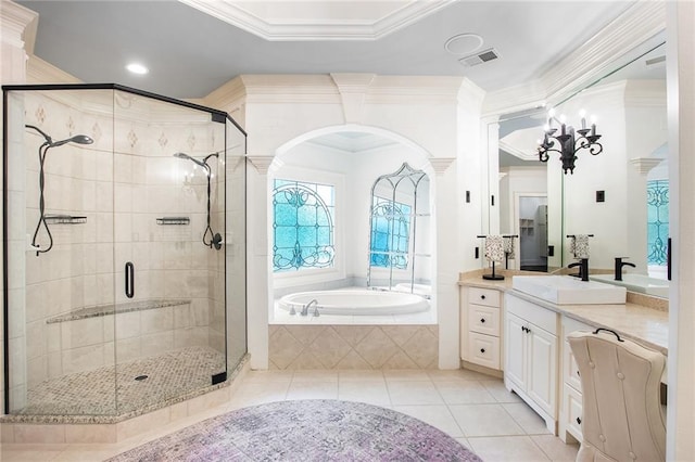 bathroom with vanity, crown molding, independent shower and bath, and ornate columns