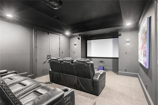 home theater with light carpet and ornamental molding