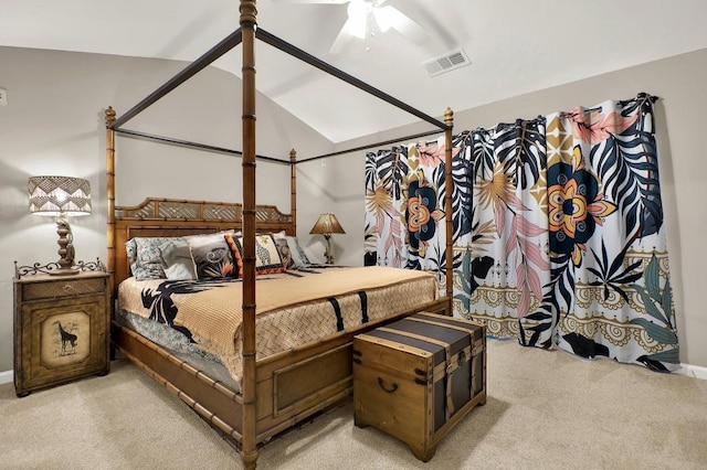 bedroom with vaulted ceiling, light carpet, and ceiling fan