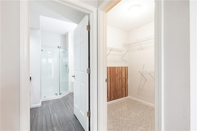 spacious closet with attic access and carpet floors