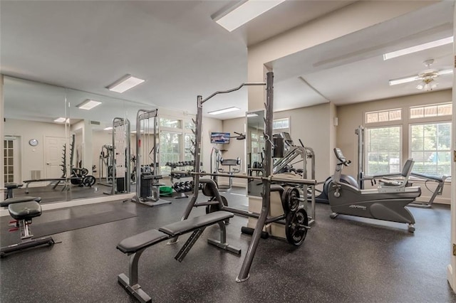 exercise room featuring plenty of natural light and ceiling fan