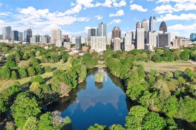 aerial view with a view of city and a water view