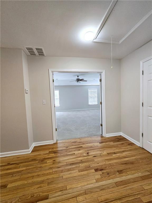 unfurnished room featuring ceiling fan and light hardwood / wood-style flooring