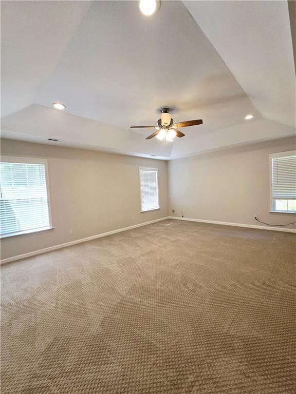 unfurnished room with carpet flooring, a wealth of natural light, and a tray ceiling